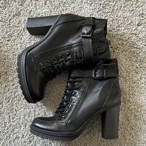 G by Guess Black Heeled Boots with Buckle Straps